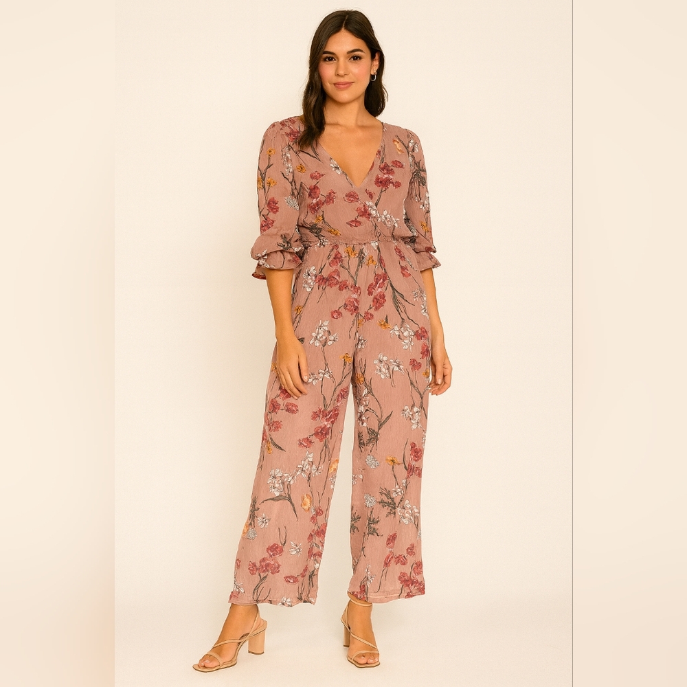Pink and Orange Floral Jumpsuit with Flutter Sleeves